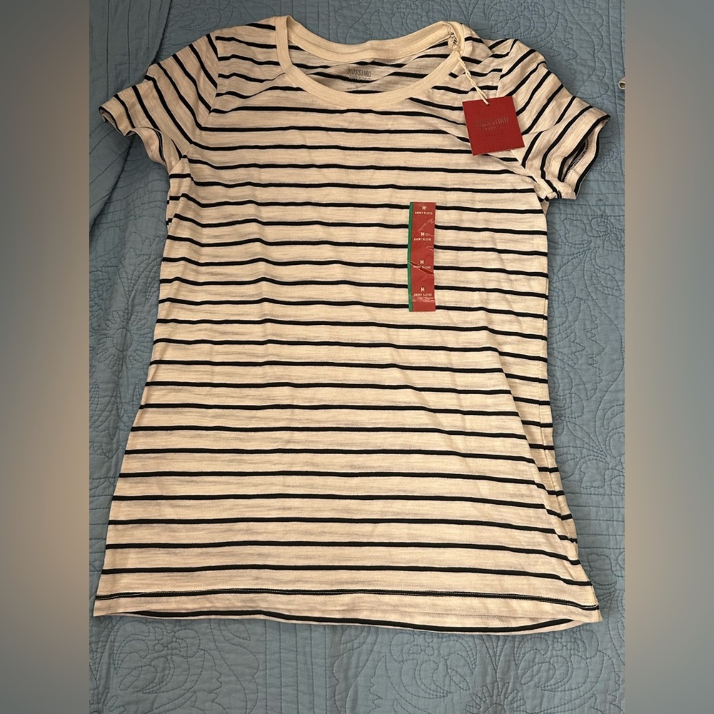 this shirt is made by mossimo supply co. is medium size and black and white